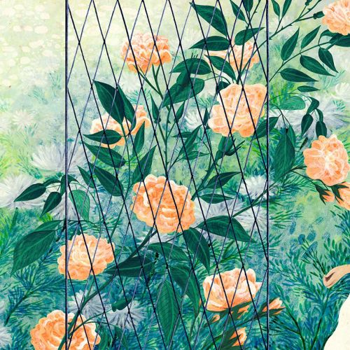 Rosanna Tasker illustration of a woman in white walking through a flowering garden