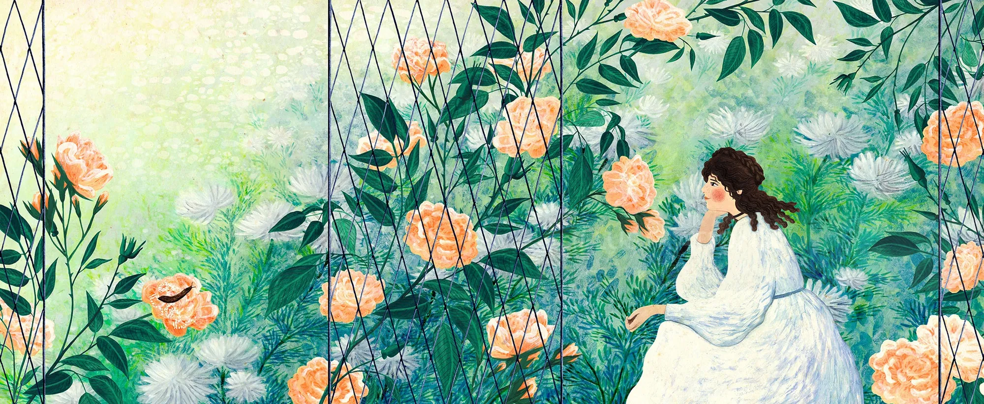 Rosanna Tasker illustration of a woman in white walking through a flowering garden