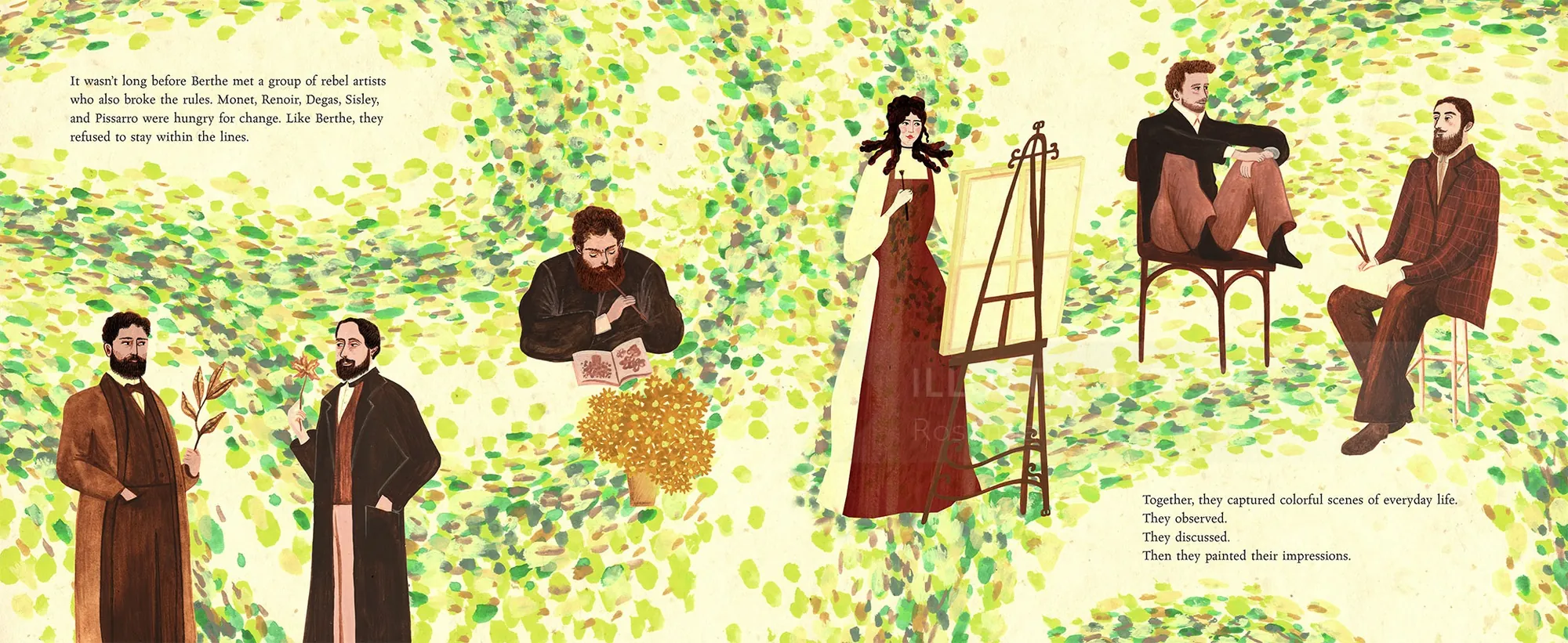 Ilustración del Rosanna Tasker de personas reunidas en un jardín soleado.