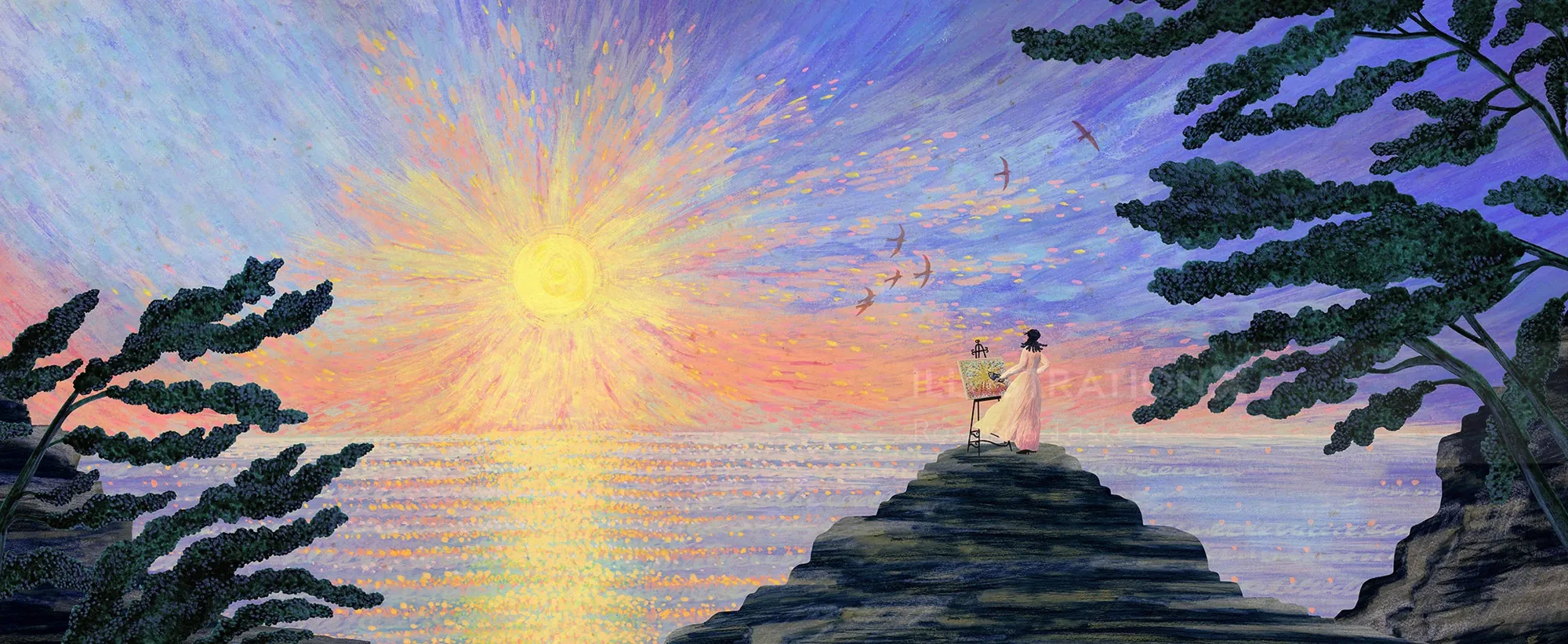 Paisaje marino al atardecer con dos figuras sobre rocas, pintado por Rosanna Tasker.