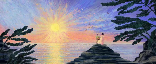 Paisaje marino al atardecer con dos figuras sobre rocas, pintado por Rosanna Tasker.