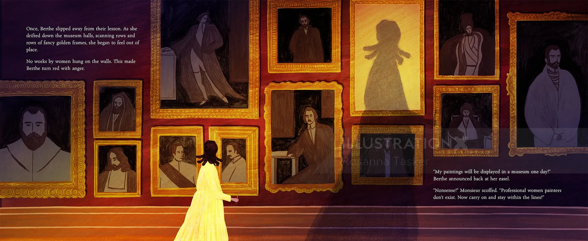 Rosanna Tasker illustration of a woman viewing framed portraits