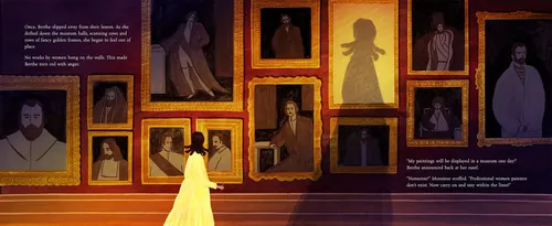 Ilustración del Rosanna Tasker de una mujer mirando retratos enmarcados.
