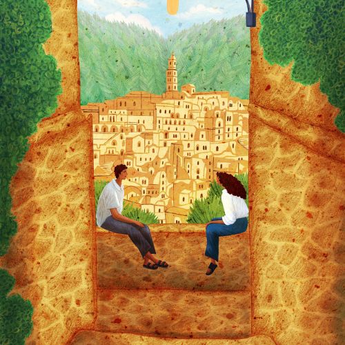 Rosanna Tasker illustration of two people overlooking a hillside city
