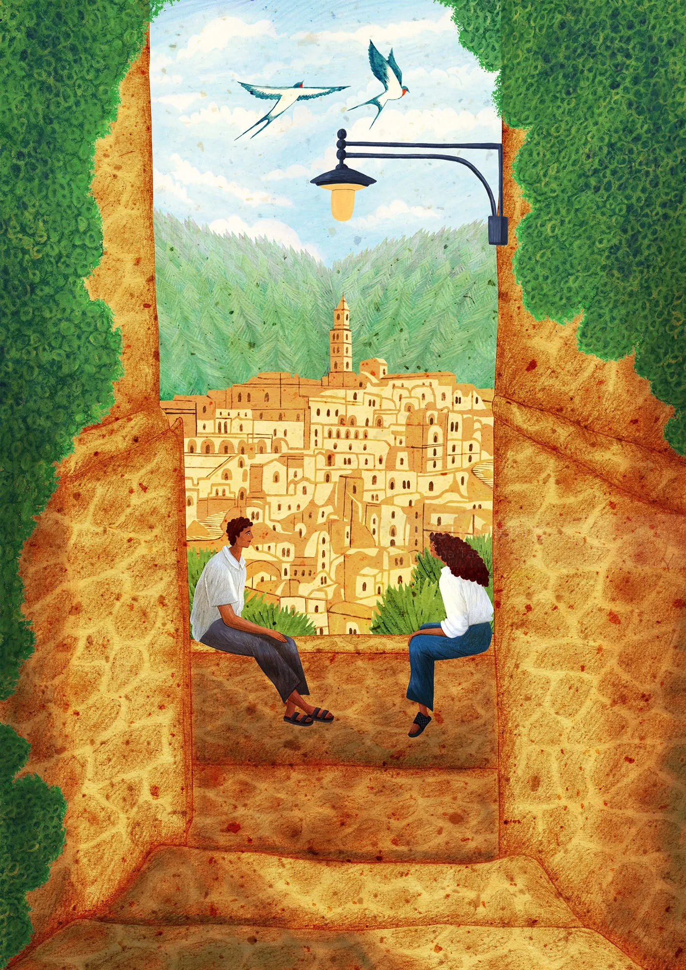 Ilustración del Rosanna Tasker de dos personas contemplando una ciudad en la ladera de una colina.