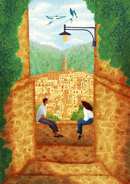 Ilustración del Rosanna Tasker de dos personas contemplando una ciudad en la ladera de una colina.