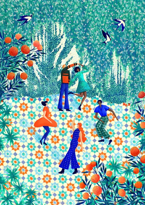 Obra de arte que muestra figuras en un colorido jardín floral.