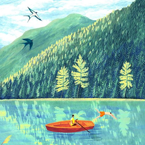 Rosanna Tasker painting of a red canoe on a reflective mountain lake