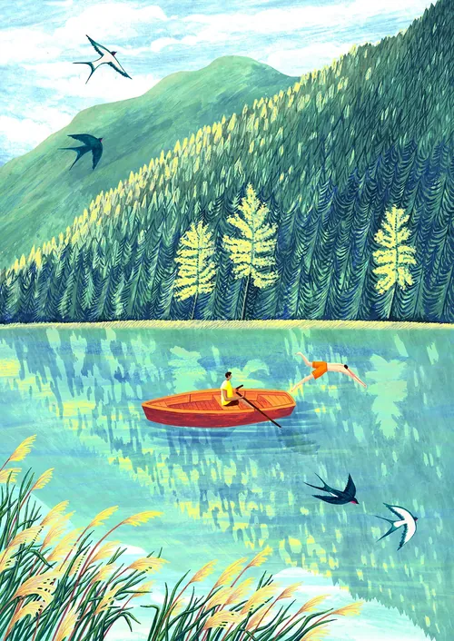Rosanna Tasker pintura de una canoa roja en un lago de montaña reflectante