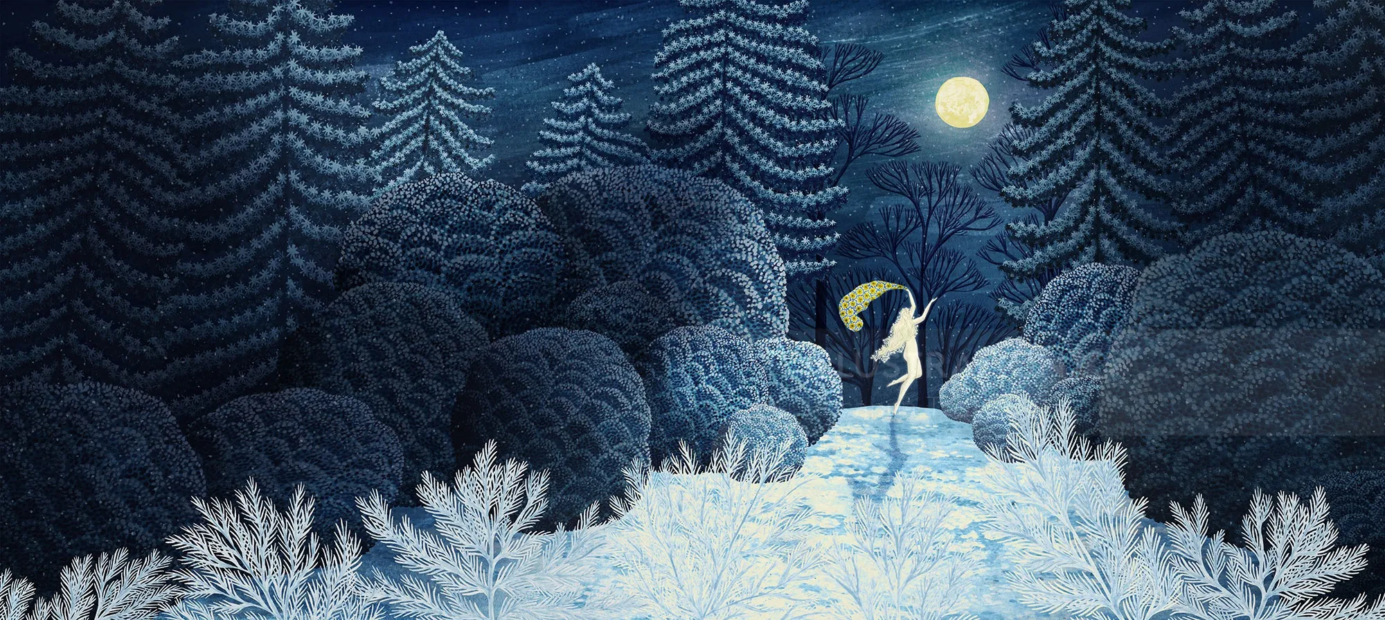 Sendero nevado iluminado por la luna en el bosque por Rosanna Tasker