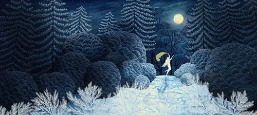 Sendero nevado iluminado por la luna en el bosque por Rosanna Tasker
