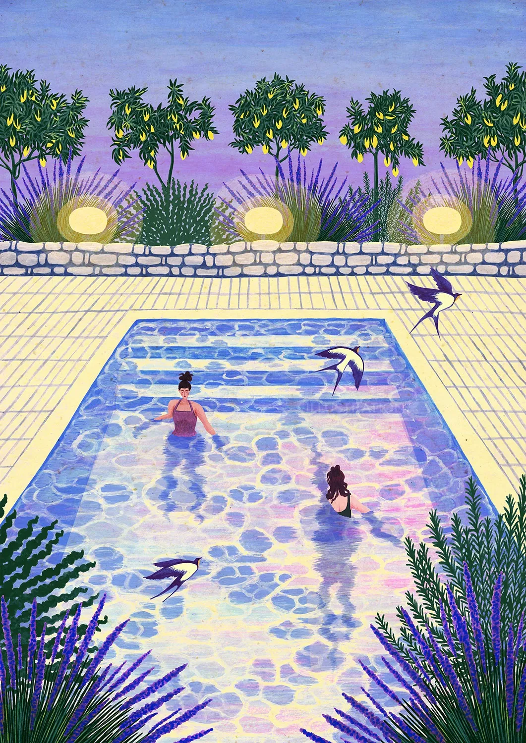 Ilustración del Rosanna Tasker de nadadores en una colorida piscina de jardín.