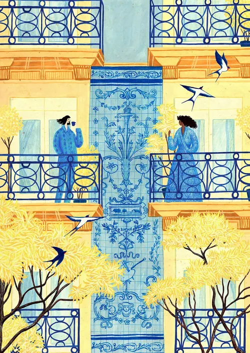 Ilustración del Rosanna Tasker de balcones azules, árboles dorados, figuras y pájaros volando.