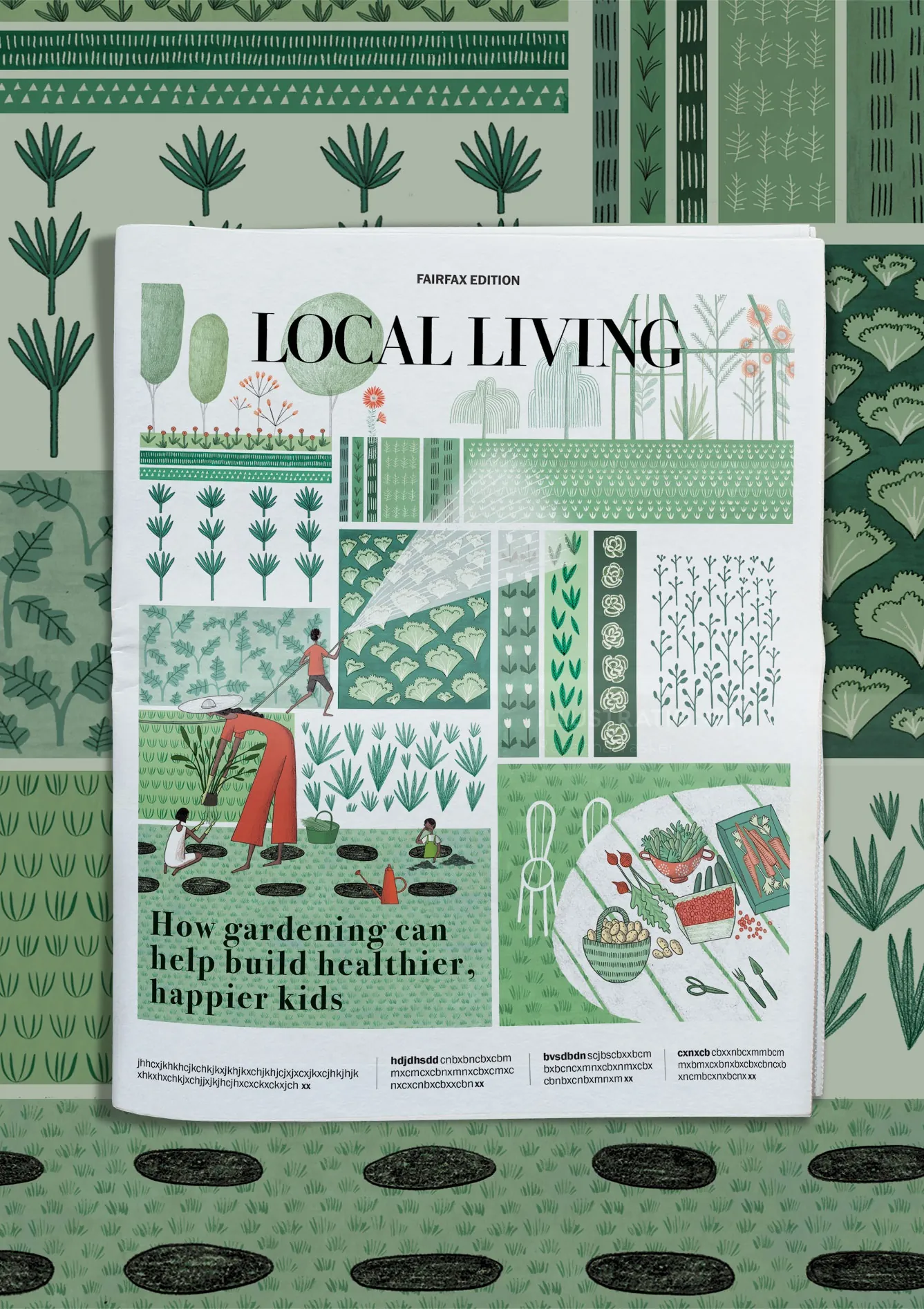 Portada de la revista Local Living con ilustraciones de jardinería de Rosanna Tasker