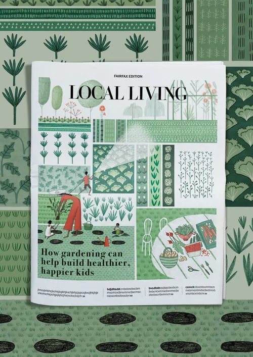 Portada de la revista Local Living con ilustraciones de jardinería de Rosanna Tasker