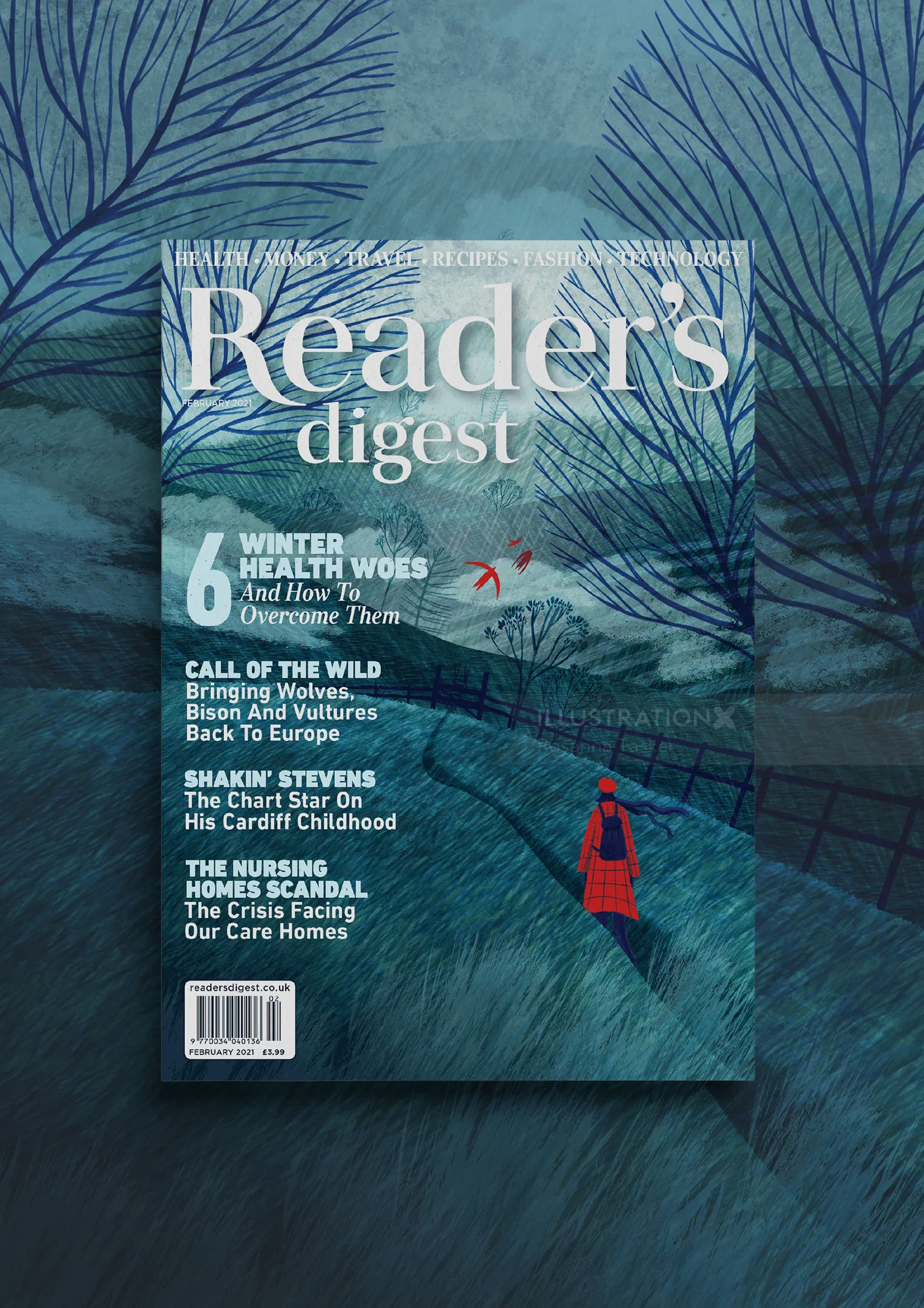 La obra de arte en tonos azules de Rosanna Tasker muestra una revista Reader's Digest en un camino sinuoso.