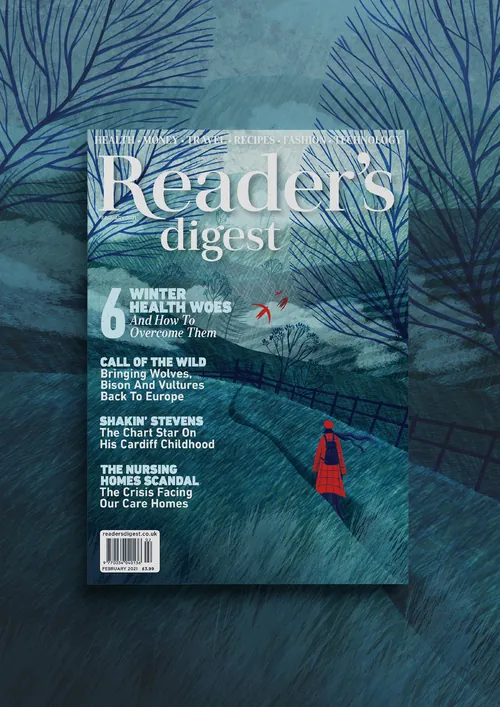 La obra de arte en tonos azules de Rosanna Tasker muestra una revista Reader's Digest en un camino sinuoso.