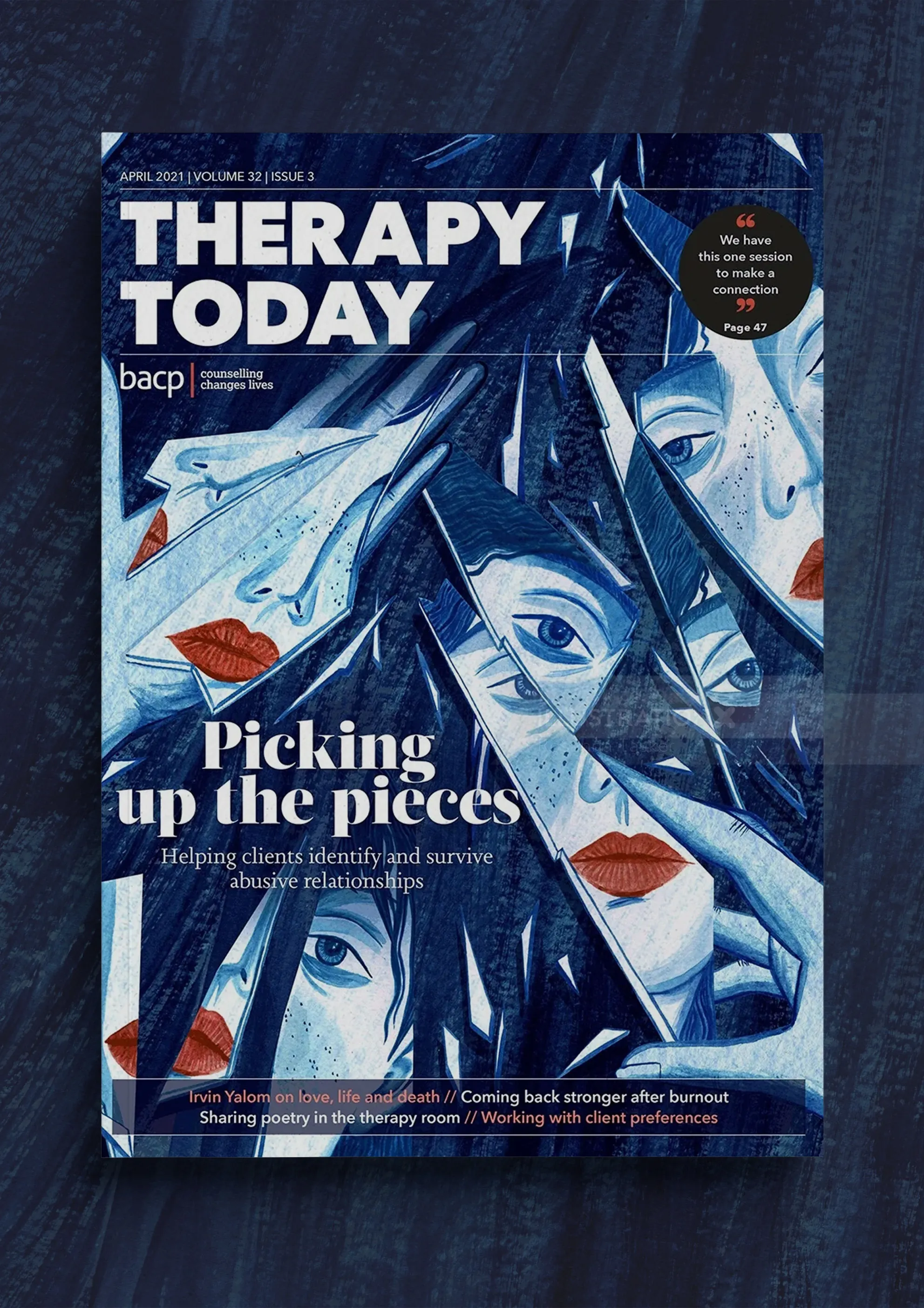 Rosanna Tasker의 조각난 얼굴과 종이비행기로 장식된 Therapy Today 표지