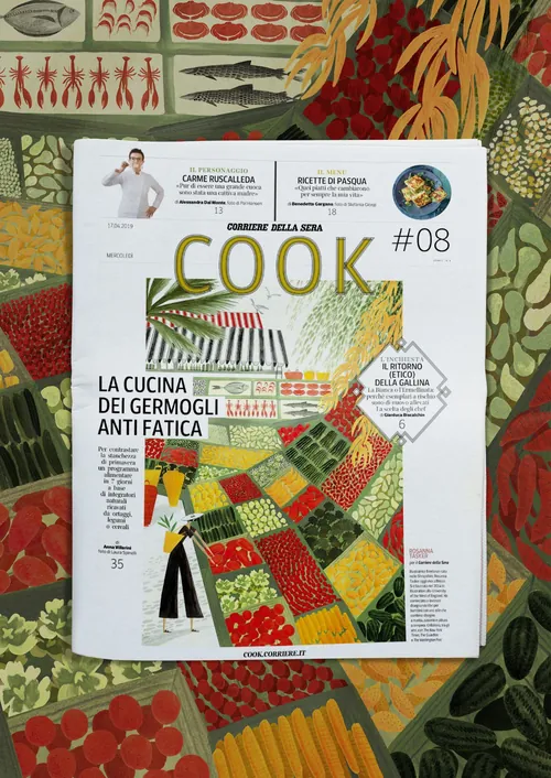 La obra de arte de Rosanna Tasker con la portada de la revista COOK #08 rodeada de motivos botánicos.