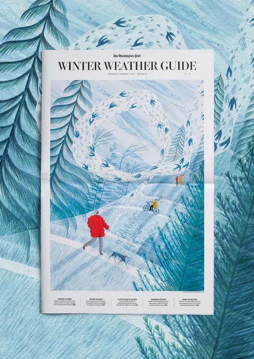 Rosanna Tasker Ilustración de un bosque nevado con excursionistas y ciclistas.