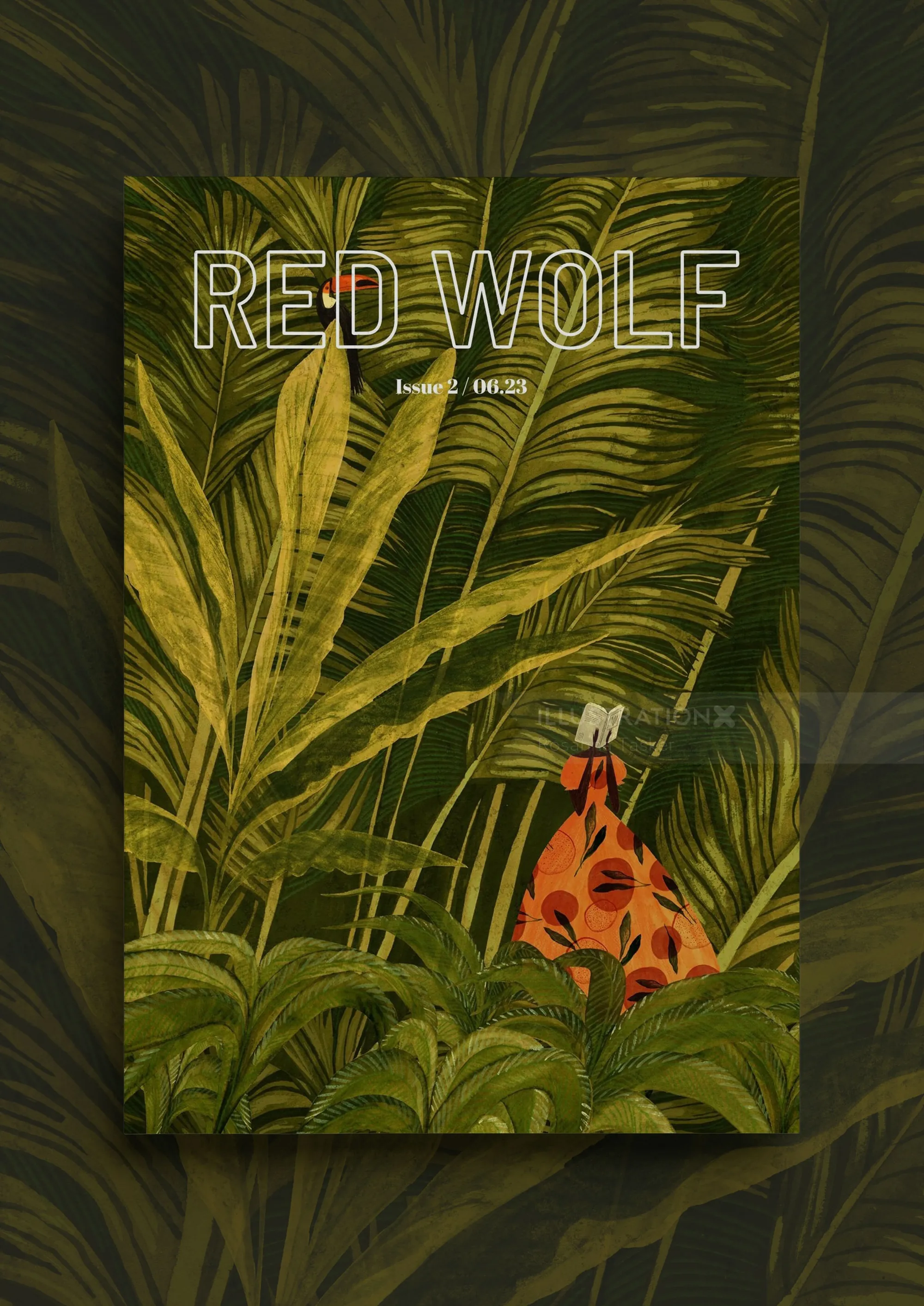 Ilustración de un lobo rojo realizada por Rosanna Tasker rodeado de follaje tropical.