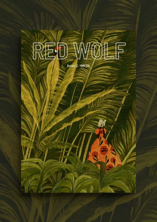 Ilustración de un lobo rojo realizada por Rosanna Tasker rodeado de follaje tropical.