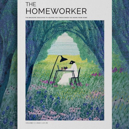 Rosanna Tasker illustration of a person working at a desk in a forest meadow