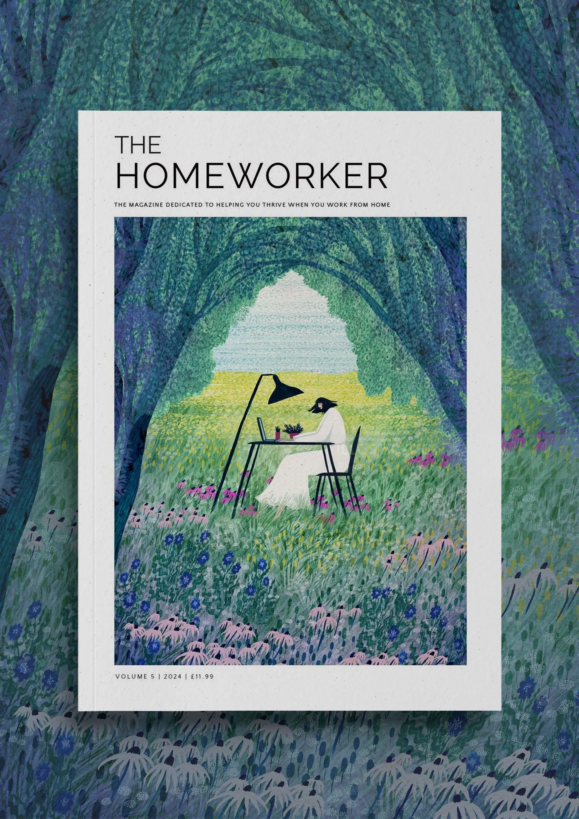 Ilustración del Rosanna Tasker de una persona trabajando en un escritorio en un prado forestal.