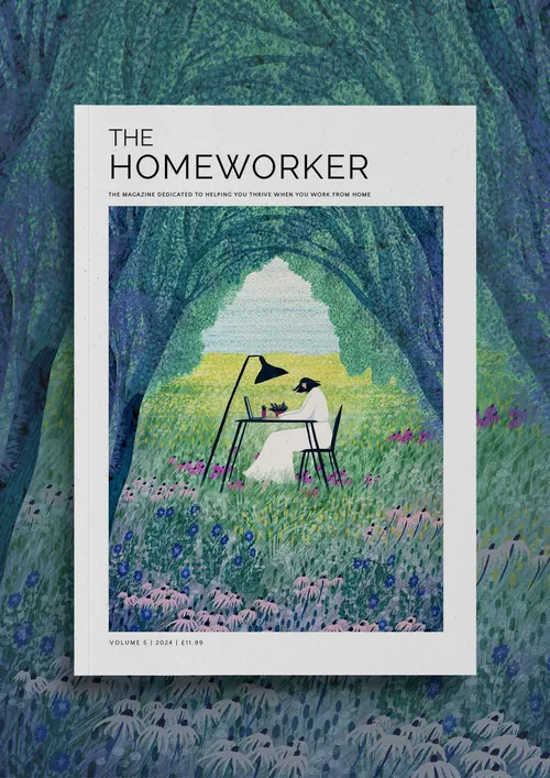 Ilustración del Rosanna Tasker de una persona trabajando en un escritorio en un prado forestal.