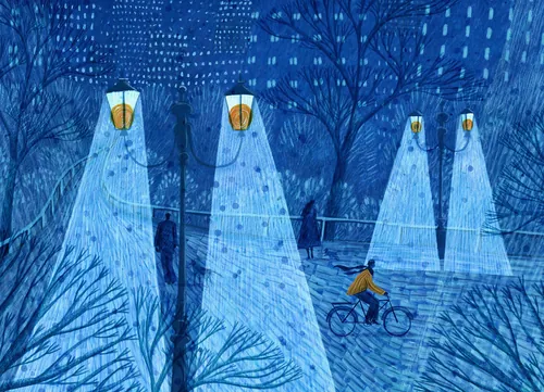 Rosanna Tasker Ilustración de un ciclista montando entre luces brillantes en un bosque azul.