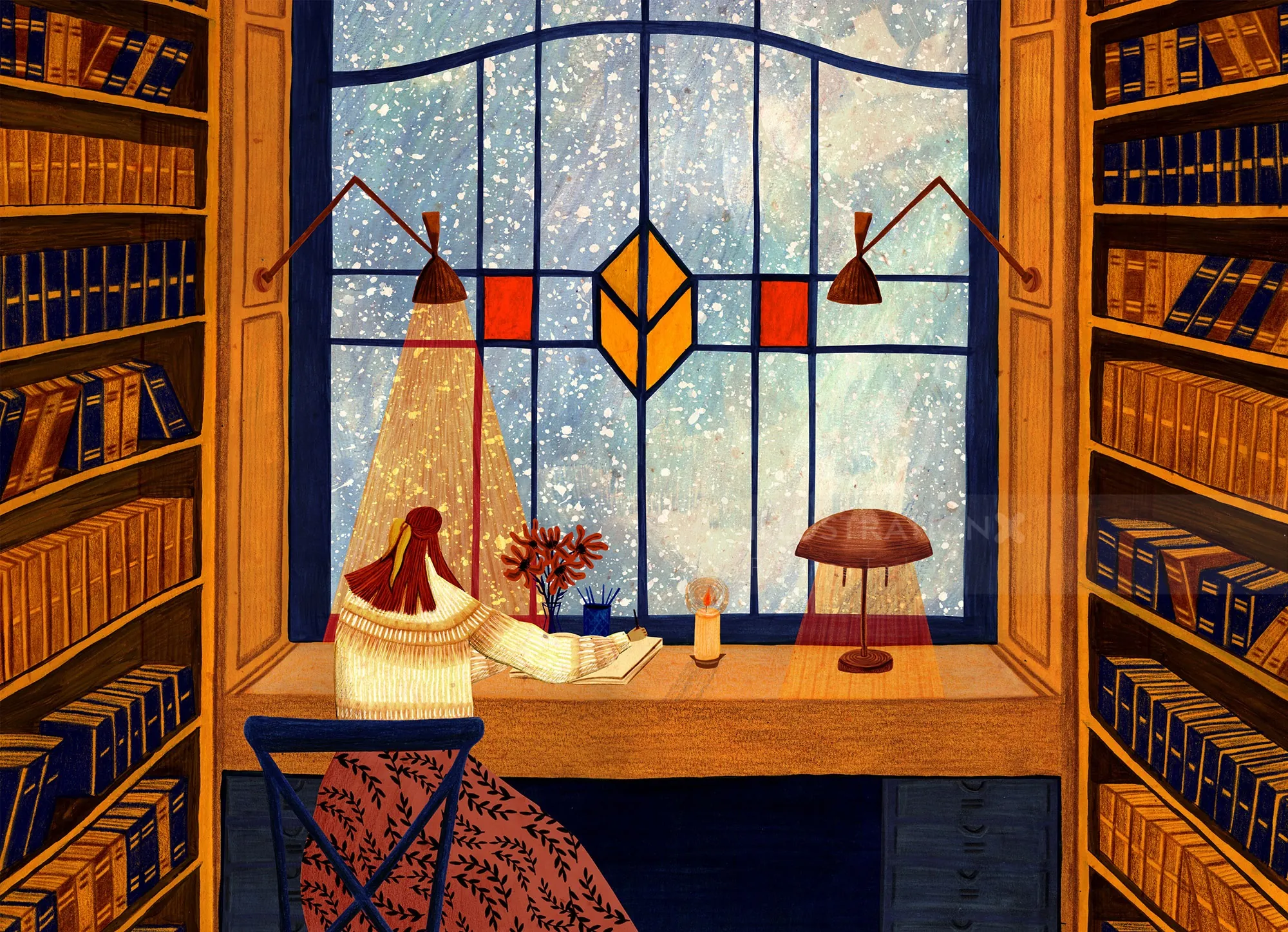 Ilustración del Rosanna Tasker de una acogedora biblioteca con estanterías y una vidriera.