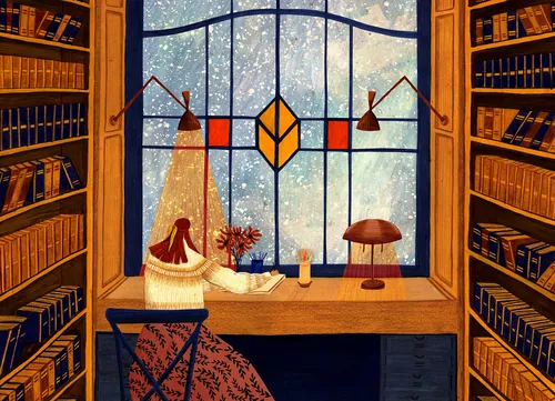 Ilustración del Rosanna Tasker de una acogedora biblioteca con estanterías y una vidriera.