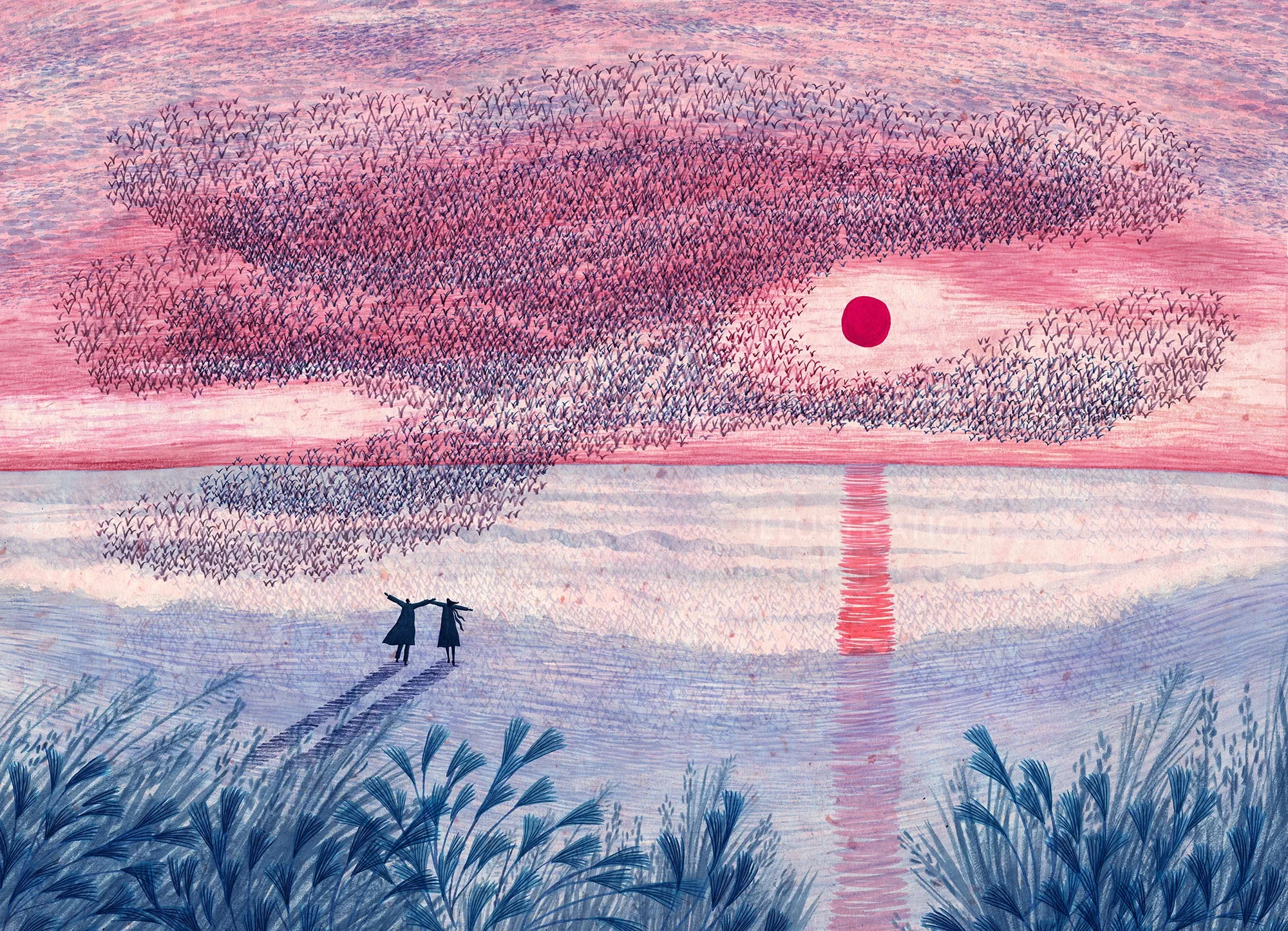 Paisaje acuático en tonos pastel con un sol rojo por Rosanna Tasker