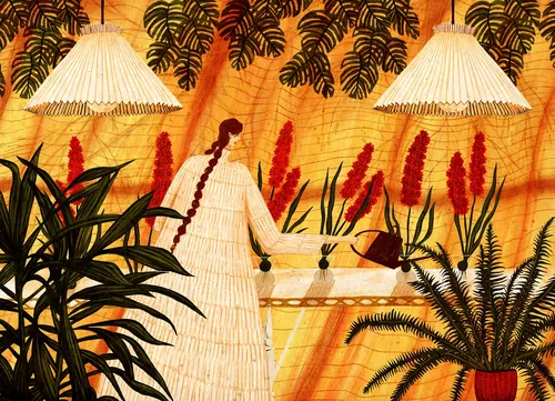 Ilustración del Rosanna Tasker de mujeres, plantas tropicales y lámparas brillantes.