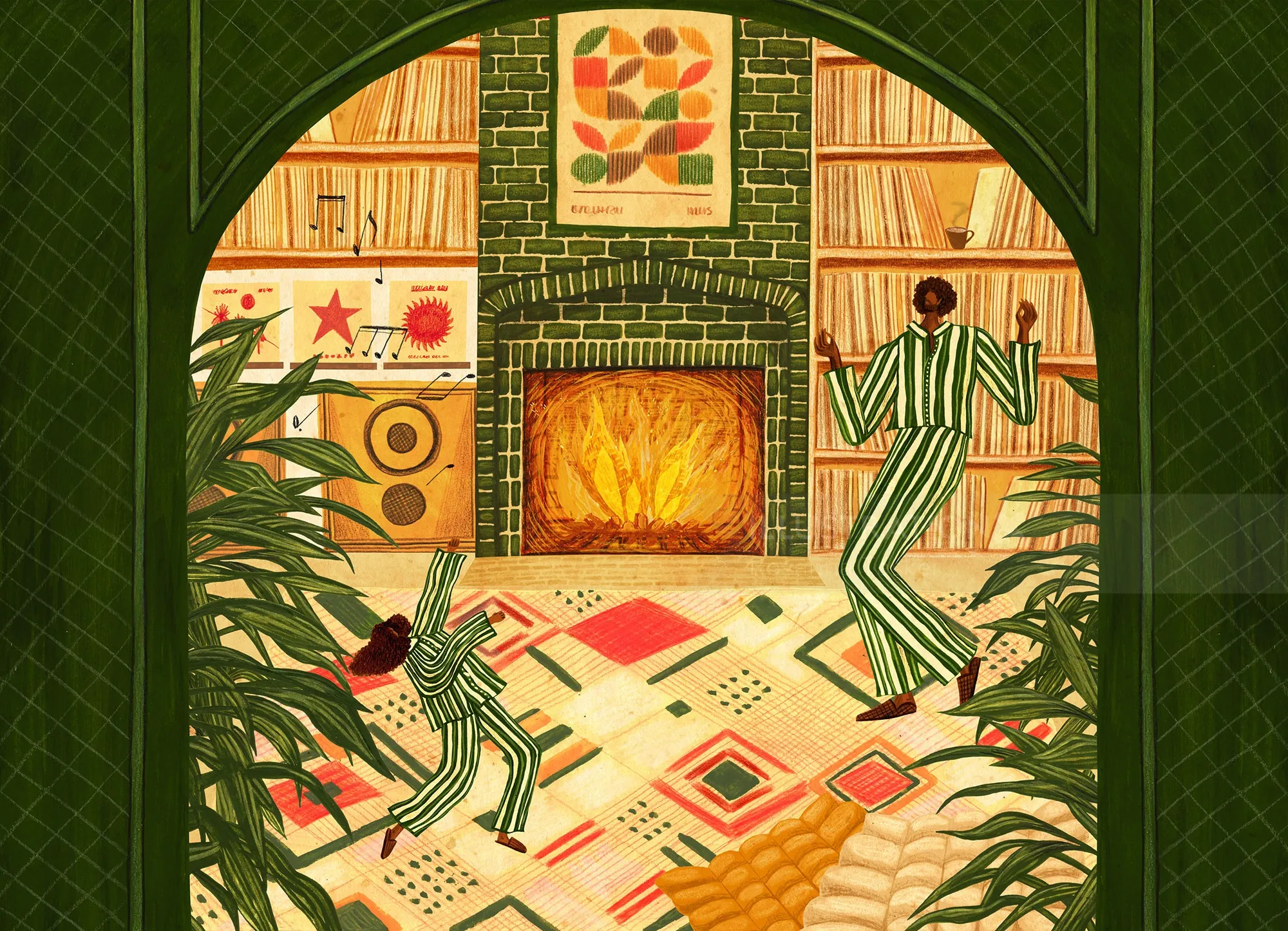 Ilustración de Rosanna Tasker que muestra una sala de estar colorida con dos figuras a rayas.