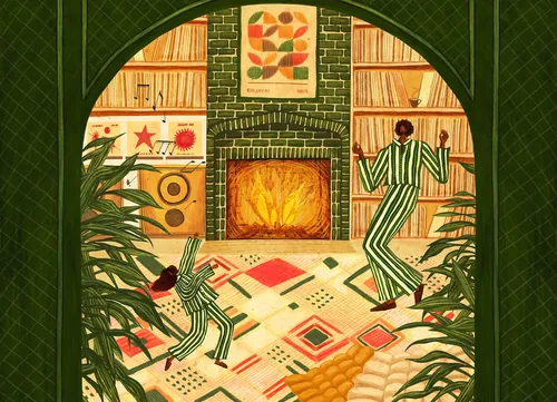 Ilustración de Rosanna Tasker que muestra una sala de estar colorida con dos figuras a rayas.