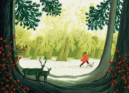 Rosanna Tasker Ilustración de un niño con abrigo rojo en un bosque nevado con ciervos.