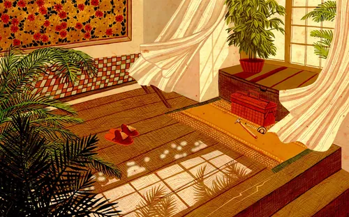 Habitación soleada con plantas y alfombras, ilustrada por Rosanna Tasker.