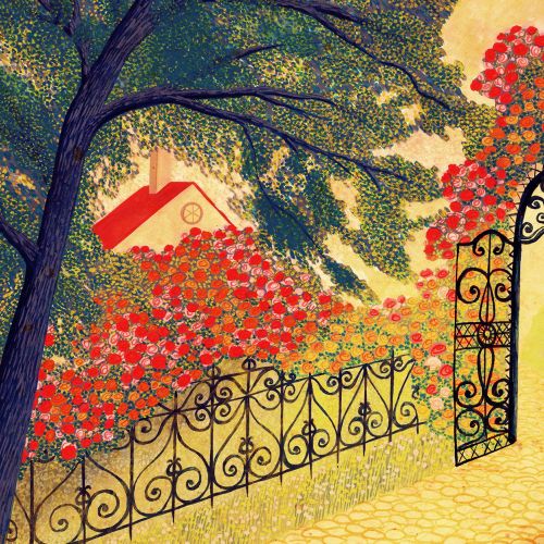 Rosanna Tasker illustration of an ornate gate opening to a flower-filled garden