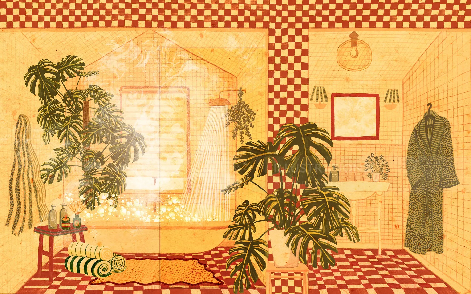 Rosanna Tasker ilustração de um interior tropical em padrão xadrez com plantas e exposição de roupas