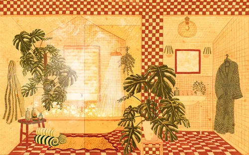 Ilustración del Rosanna Tasker de un interior tropical con diseño de tablero de ajedrez, plantas y exhibición de prendas de vestir.