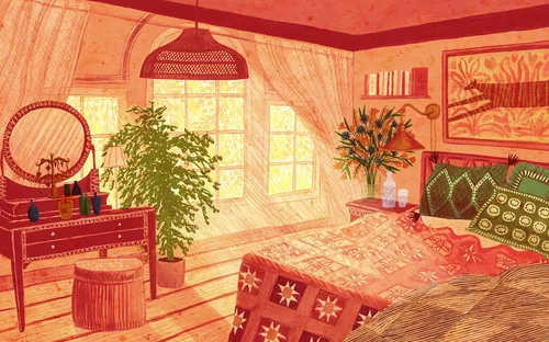 El cálido interior del dormitorio de Rosanna Tasker con plantas y textiles estampados.