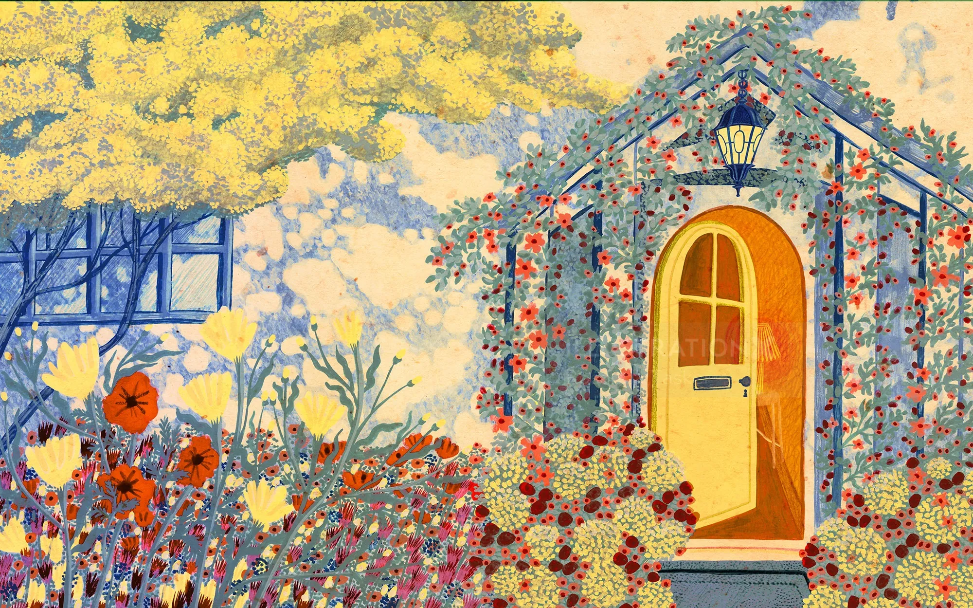 Ilustración del Rosanna Tasker de un jardín de estilo rústico lleno de flores con una puerta arqueada amarilla.