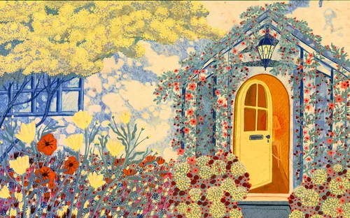 Ilustración del Rosanna Tasker de un jardín de estilo rústico lleno de flores con una puerta arqueada amarilla.