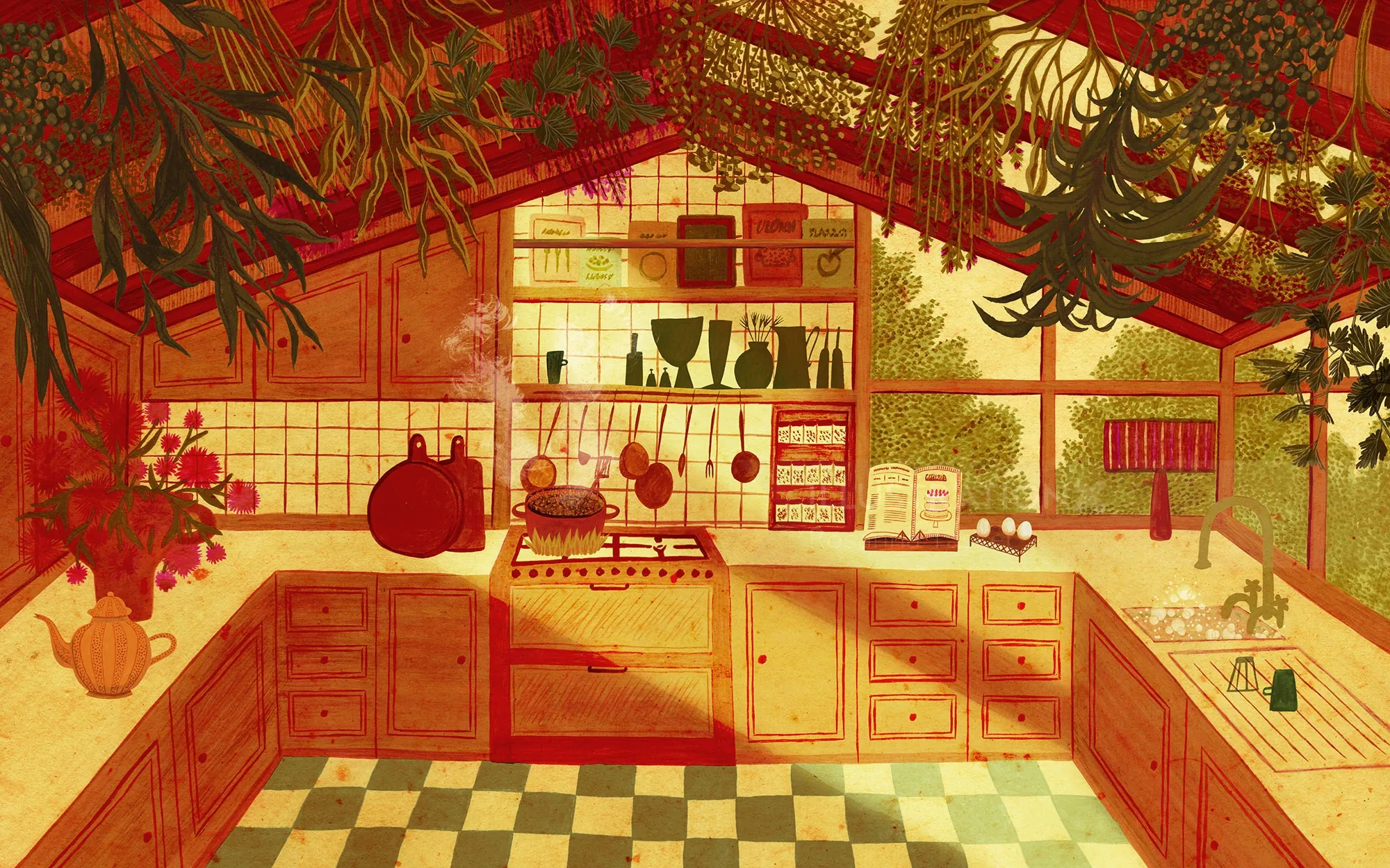 Cocina botánica ilustrada por Rosanna Tasker con armarios rojos y plantas colgantes.
