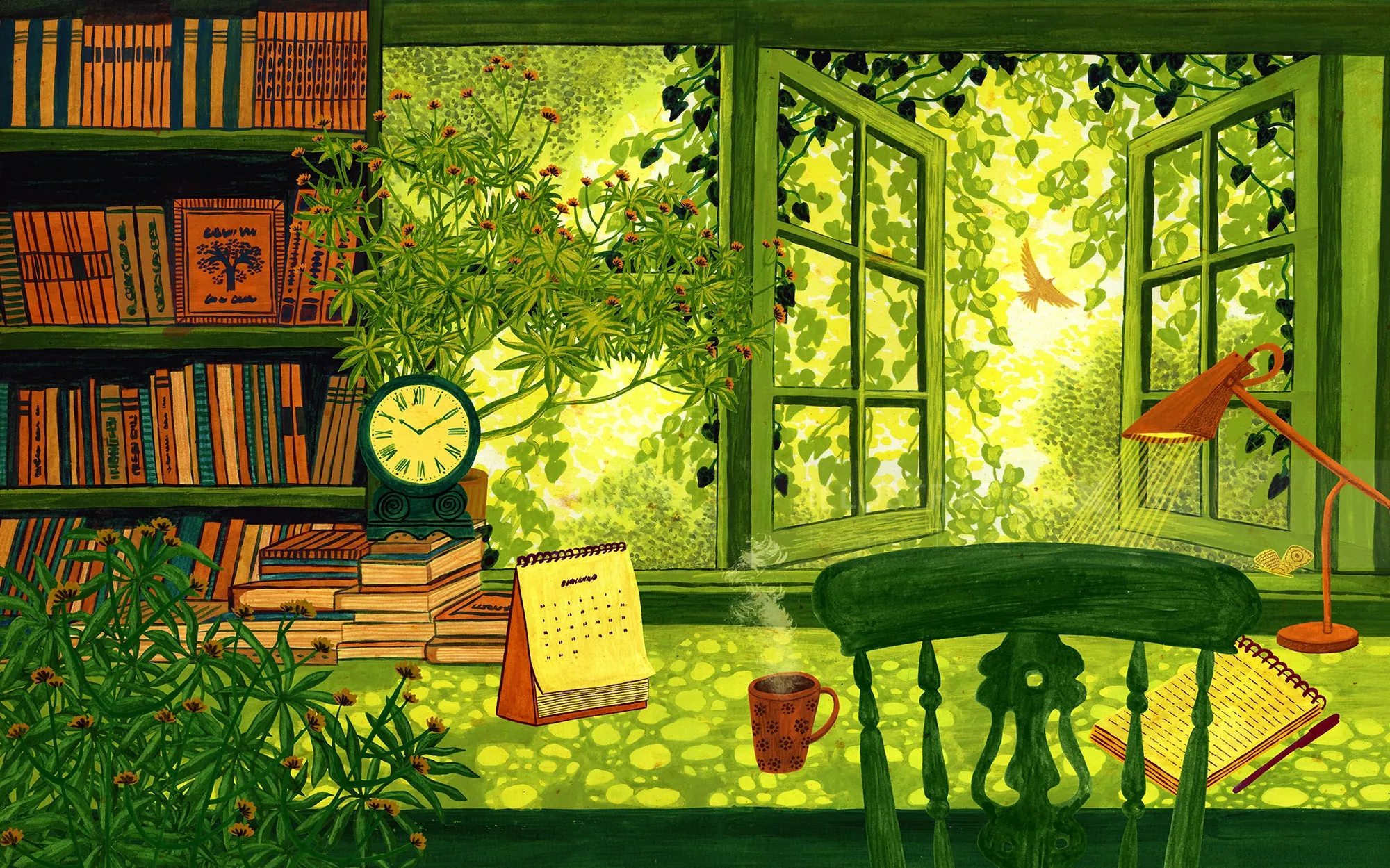 Ilustración del Rosanna Tasker de una biblioteca que se abre a un jardín soleado.