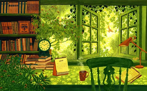 Ilustración del Rosanna Tasker de una biblioteca que se abre a un jardín soleado.