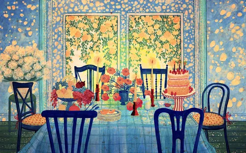 El colorido comedor de Rosanna Tasker con flores, vajilla y sillas azules.