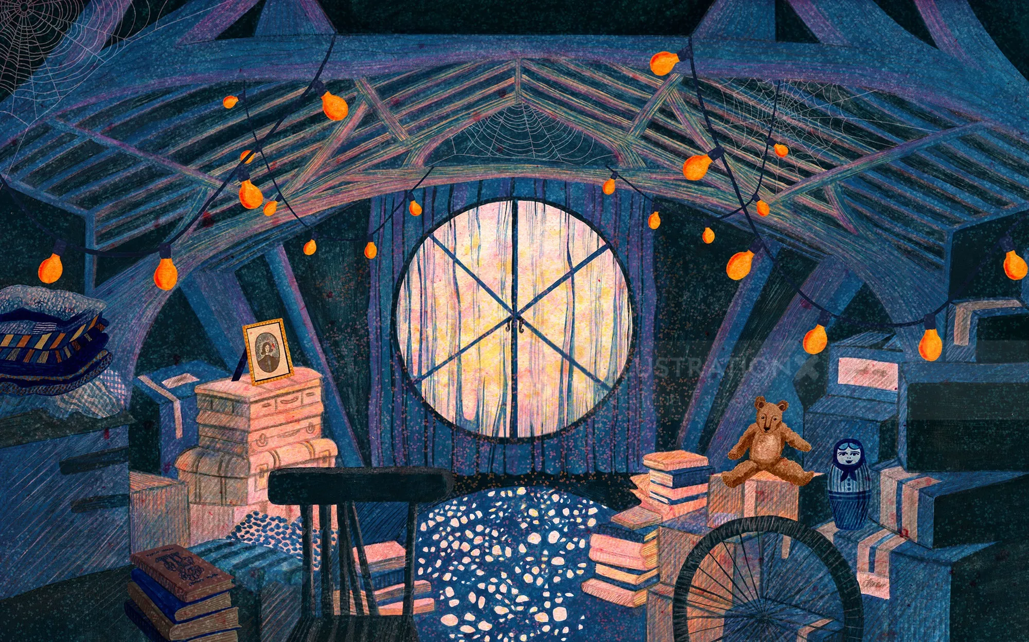 Interior de biblioteca azul con ventana redonda, libros y luces brillantes por Rosanna Tasker
