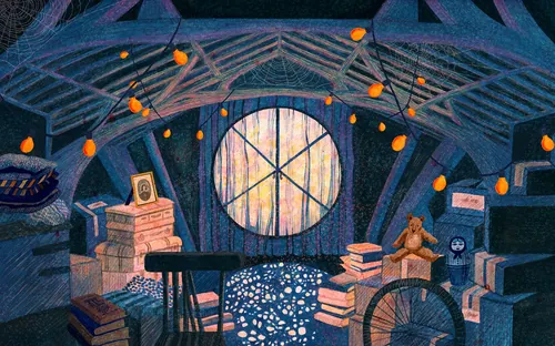Interior de biblioteca azul con ventana redonda, libros y luces brillantes por Rosanna Tasker